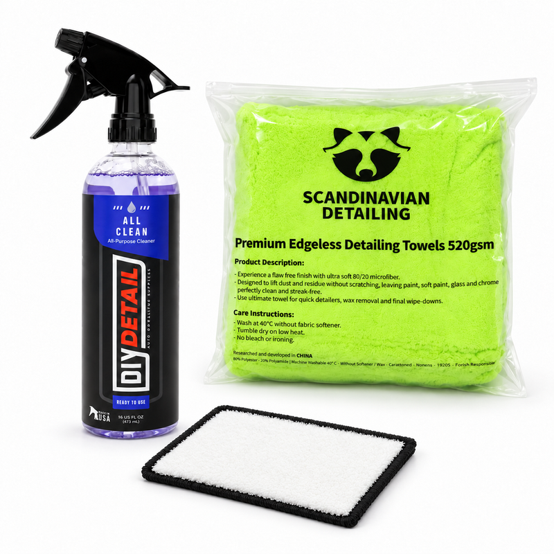 DIY Detail All Clean 473 ml, en Scrub Pad och ett 5-pack mikrofiberdukar
