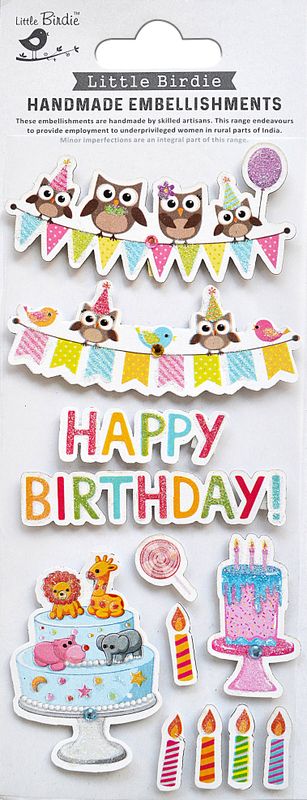 Little Birdie - 3D Stickers med Glitter Happy Birthday