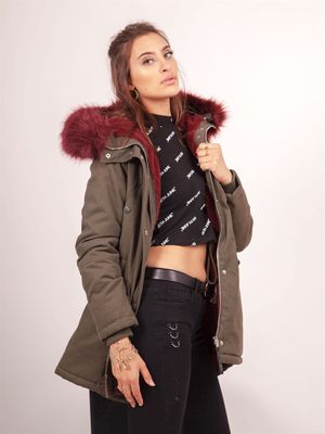 Womens Fur Lining Parka Khaki/Burgundy