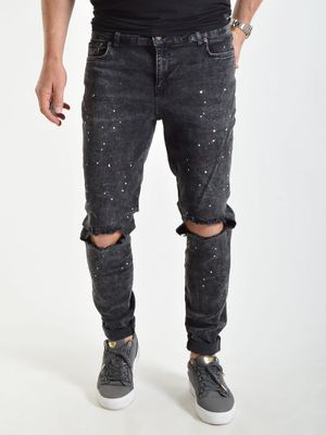 Skinny Bust Knee Denim Washed Black