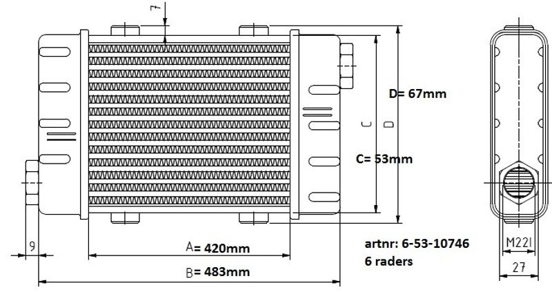 Oljekyl slimline L:420mm 6 rad