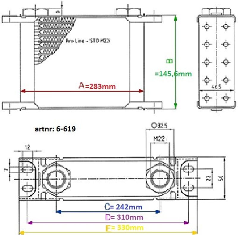 Oljekylare 19 rader cellpaket L: 283 mm H: 145,6 mm