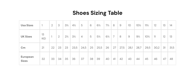 Storleks tabell Skor