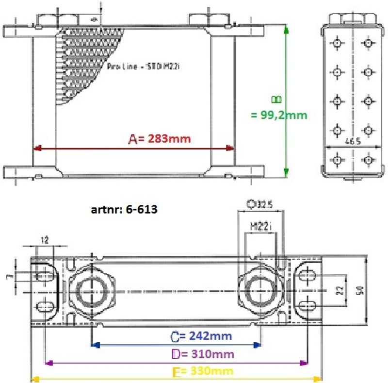 oljekylare 13 rader cellpaket L: 283 mm H: 99,2 mm