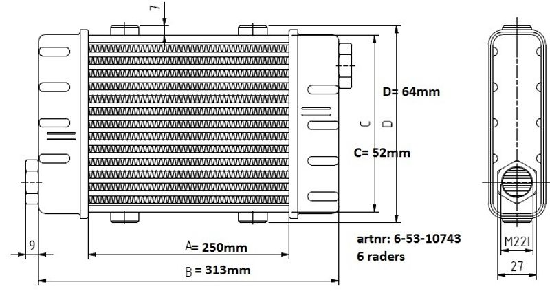 Oljekyl slimline L:250 mm 6rad