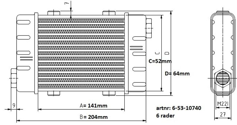 Oljekyl slimline L:141mm 6rad