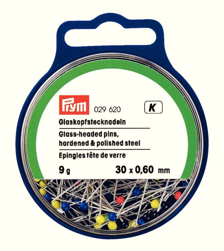 Knappnålar med huvud av glas, blandade färger, i plastlåda