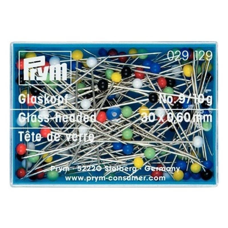 Knappnålar med huvud av glas, blandade färger, plastlåda, 20g