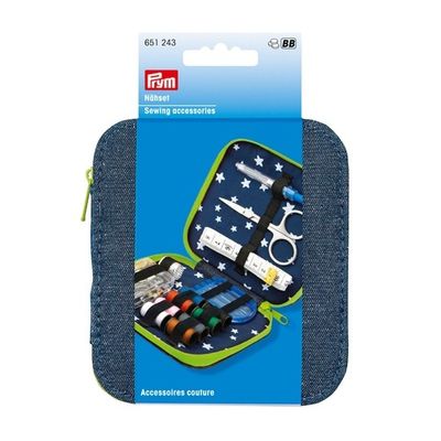 Sytillbehörssats, denim, grön dragkedja