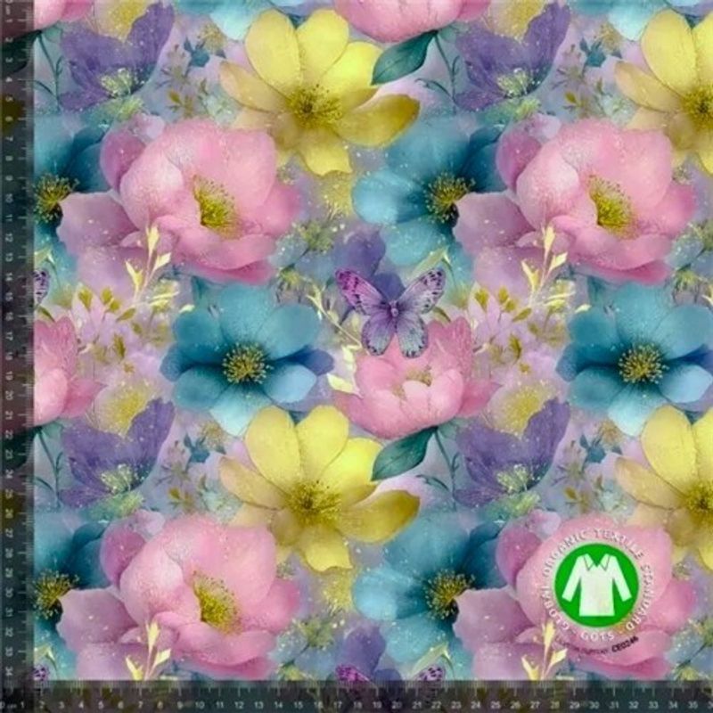 Pastellblommor och fjärilar