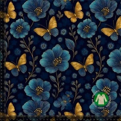 Blå blommor och fjärilar