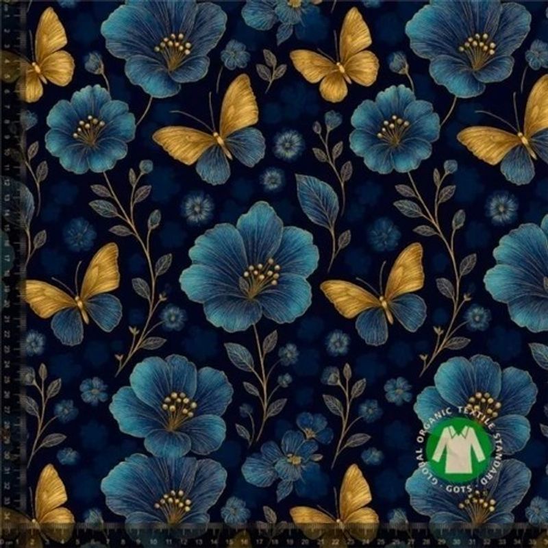 Blå blommor och fjärilar