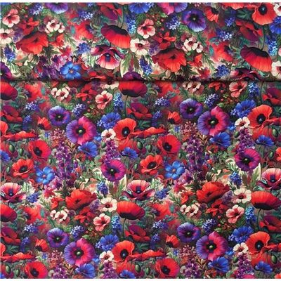 Digitaltryckt Bambu Mixed flowers Red and Blue