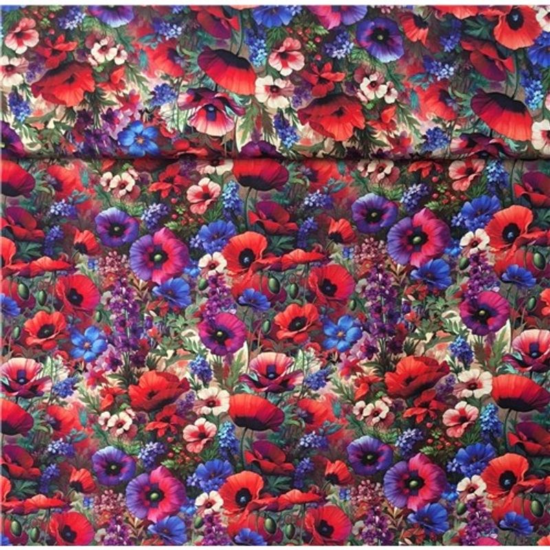 Digitaltryckt Bambu Mixed flowers Red and Blue