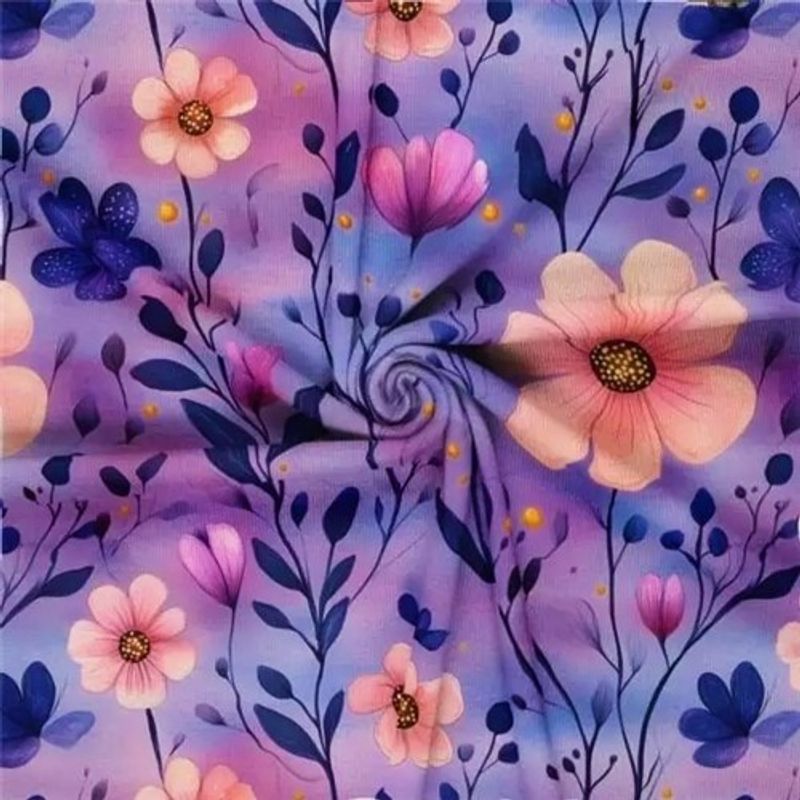 Vackra Lila Blomster Ribbad Jersey