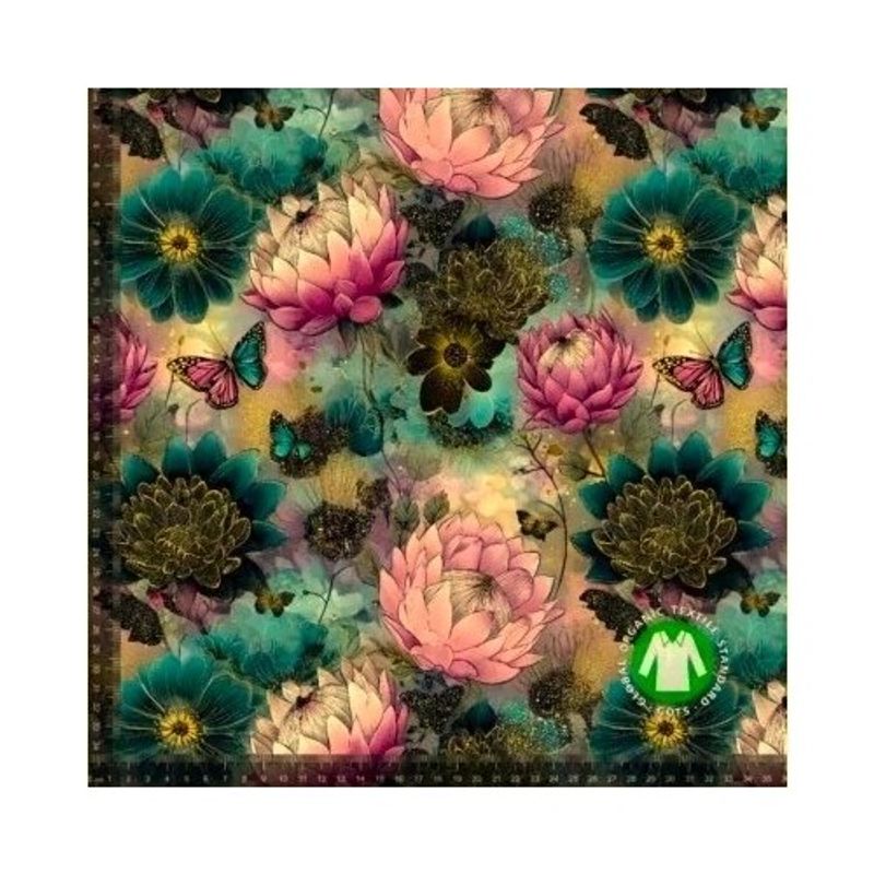 Fjärilar och blommor i blått och rosa