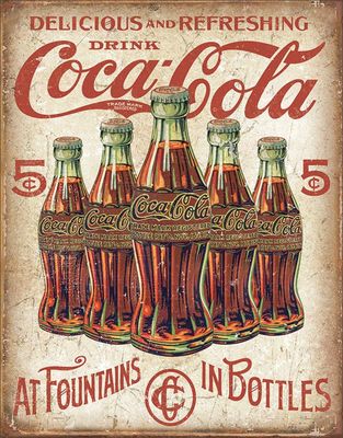 Coca Cola - 5 Bottles- metall skylt 32 x 41 cm