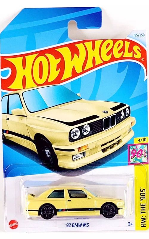 BMW M3 1992 gul - Hot Wheels 1:64 (skadad förpackning)