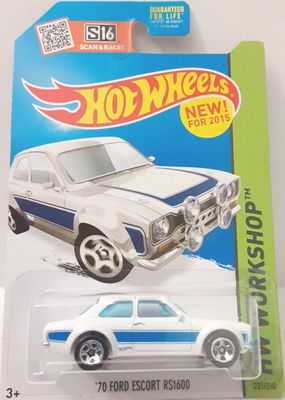 1970 Ford Escort RS1600, white with a blue stripe—Hot Wheels 1:64