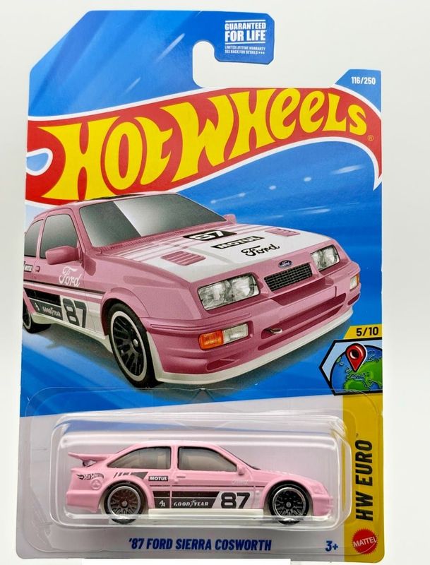 Ford Sierra Cosworth 1987 rosa - Hot Wheels 1:64 (skadad förpackning)