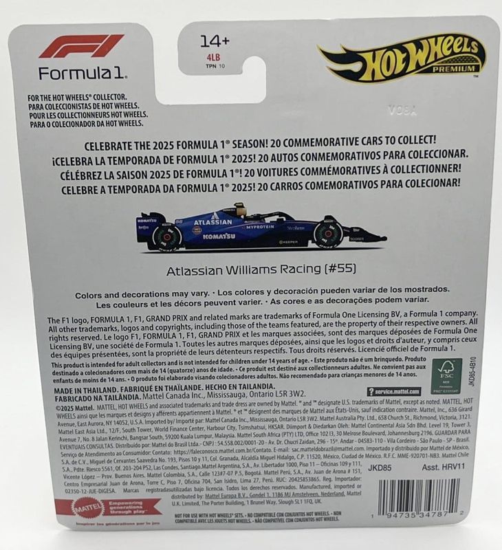 F1-series Williams 2025 #55 Carlos Sainz - Hot Wheels 1:64