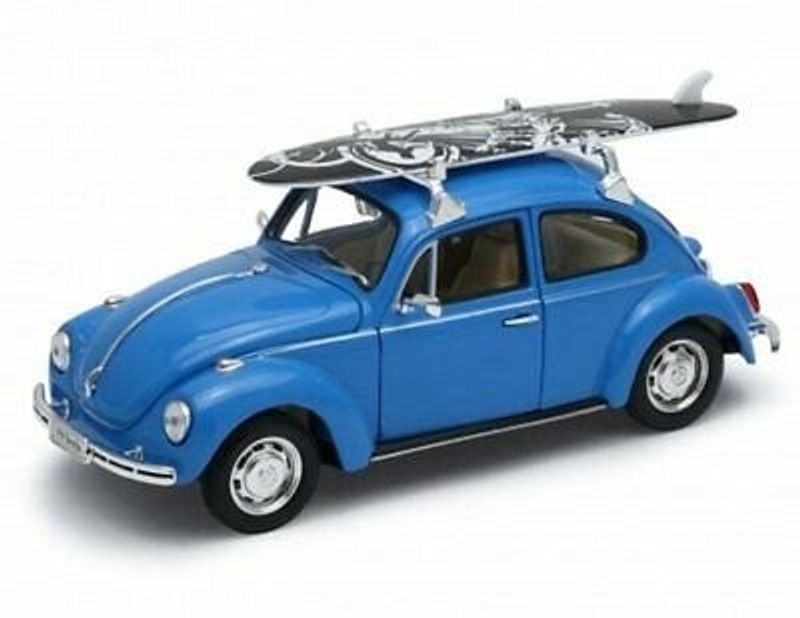 VW Bubbla 1969 with surfboard - svart - skala 1:24