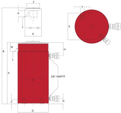 BVA dubbelverkande cylinder 75 ton slag 333 mm