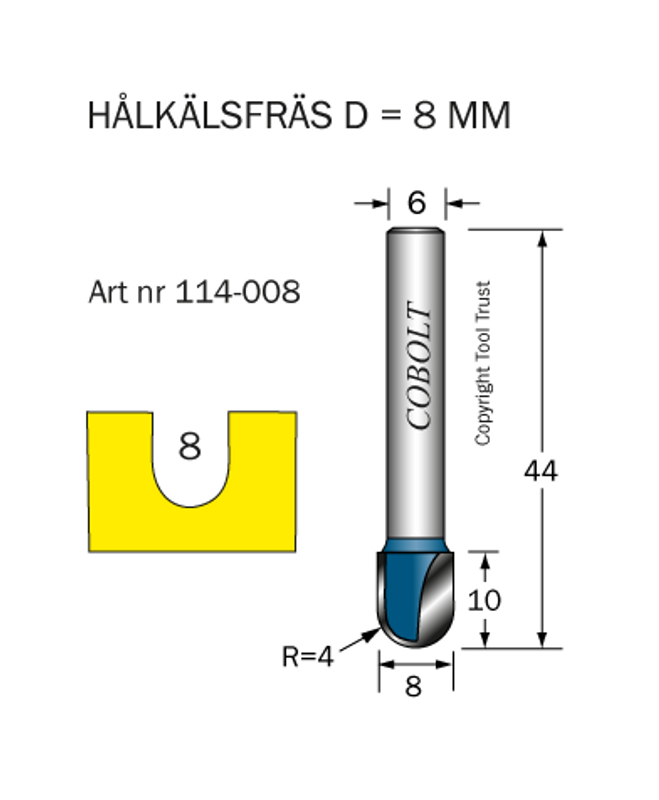 Cobolt Hålkälsfräs D8 R4 L10 S6