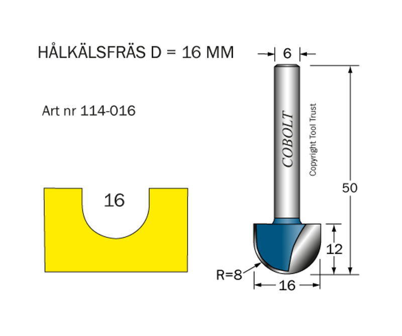 Cobolt Hålkälsfräs D16 R8 L12 S6