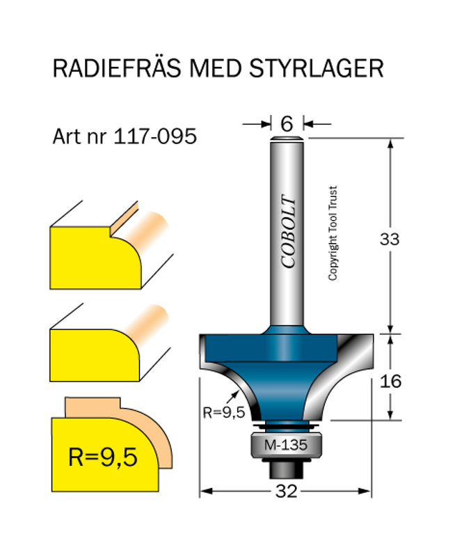Cobolt Avrundningsfräs R9,5 D32 L16 S6