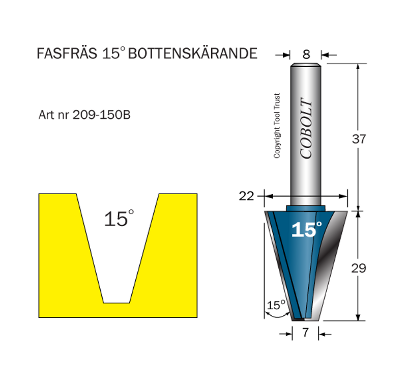 Cobolt Fasfräs 15° Bottenskärande HM D22/7 L29 S8