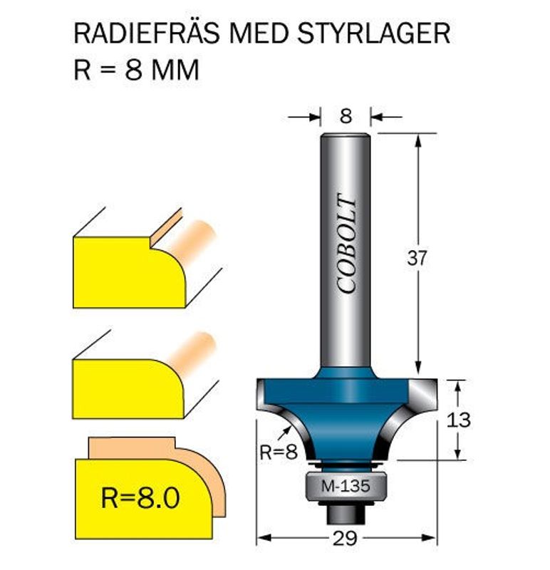 Cobolt Avrundningsfräs R=8 D=29 L=13