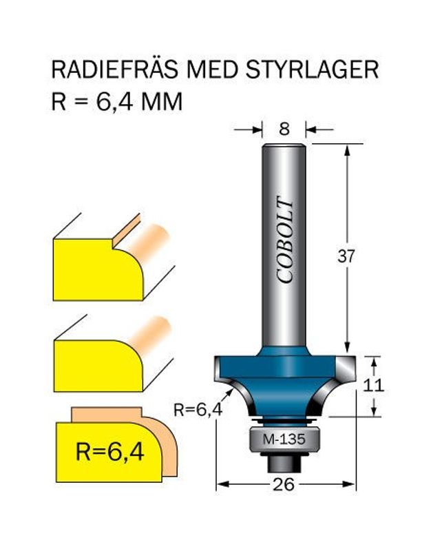 Cobolt Avrundningsfräs R=6.4  D=26 L=11