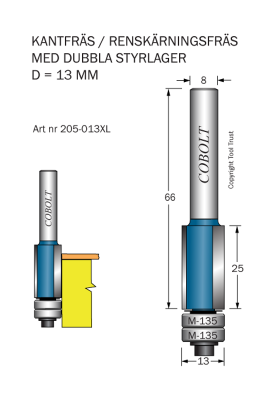 Cobolt Kantfräs D13 L25 TL66 S8 med dubbla lager