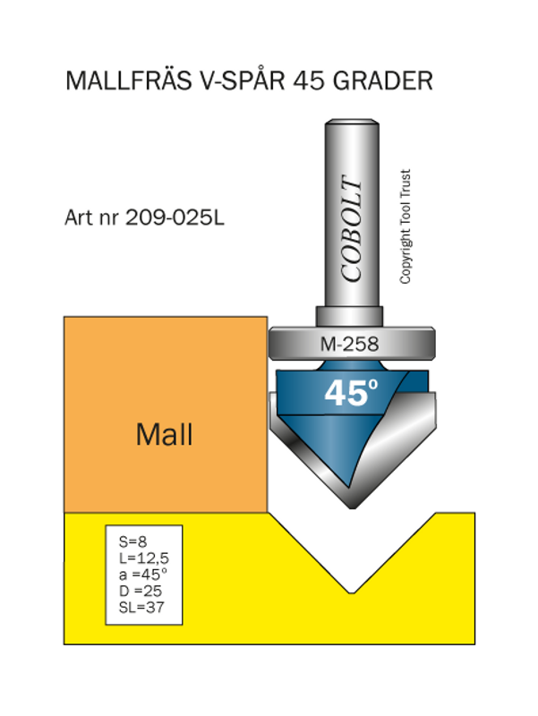 Cobolt Mallfräs V-spår 45° D25 L12,5 S8