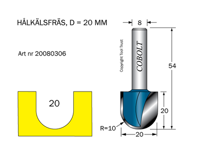 Cobolt Hålkälsfräs D20 R10 L20 S8
