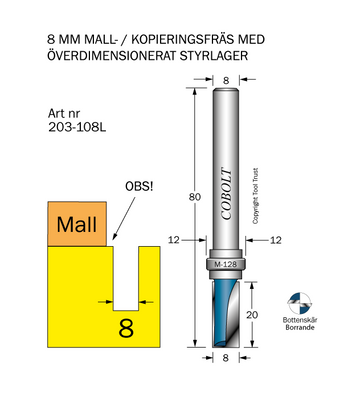 Cobolt Mallfräs D8 L20 TL80 S8 undermått 2 mm