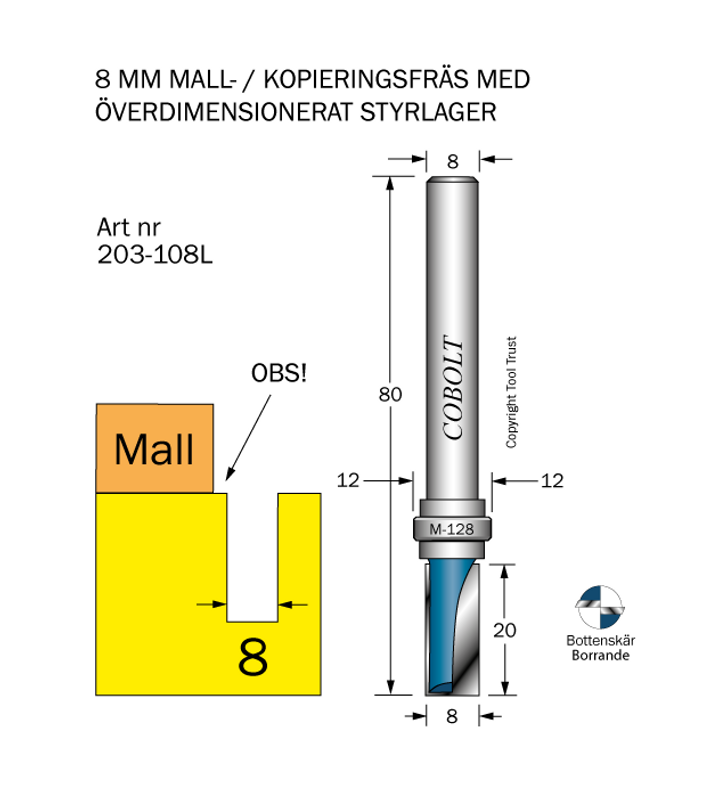 Cobolt Mallfräs D8 L20 TL80 S8 undermått 2 mm