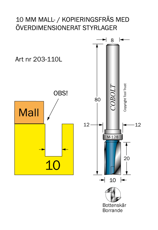 Cobolt Mallfräs D10 L20 TL80 S8 undermått 1 mm