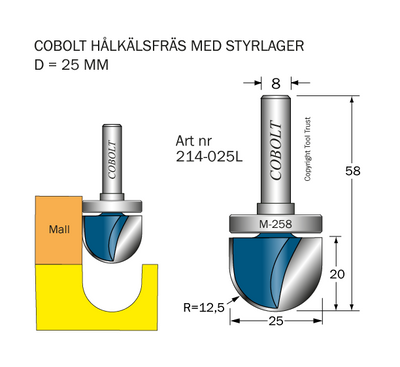Cobolt Mallfräs hålkäl D25 R12,5 L20 S8