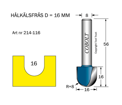 Cobolt Hålkälsfräs D16 R8 L16 S8