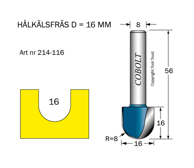 Cobolt Hålkälsfräs D16 R8 L16 S8
