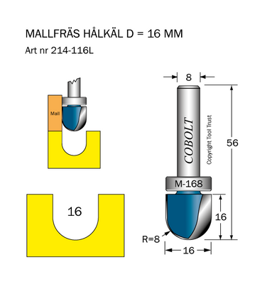 Cobolt Mallfräs hålkäl D16 R8 L16 S8