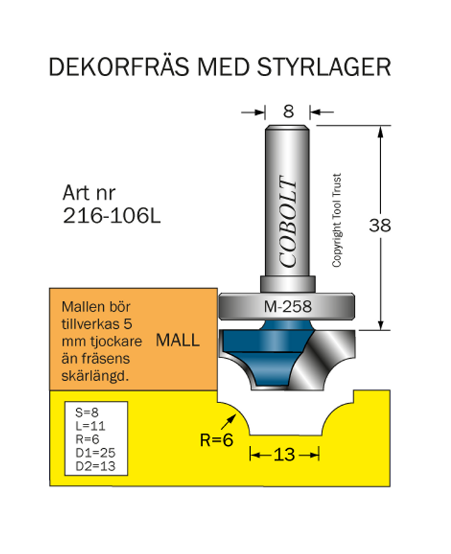 Cobolt Dekorfräs med styrlager R6 D25 L11 S8