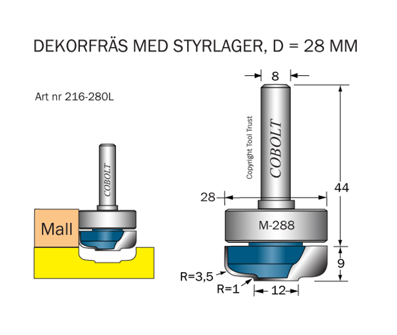 Cobolt Dekorfräs med styrlager D28 R3,5/R1 S8