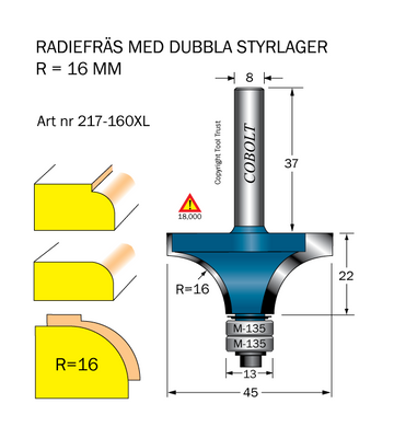 Cobolt Avrundningsfräs R16 D45 L22 S8 dubbla lager