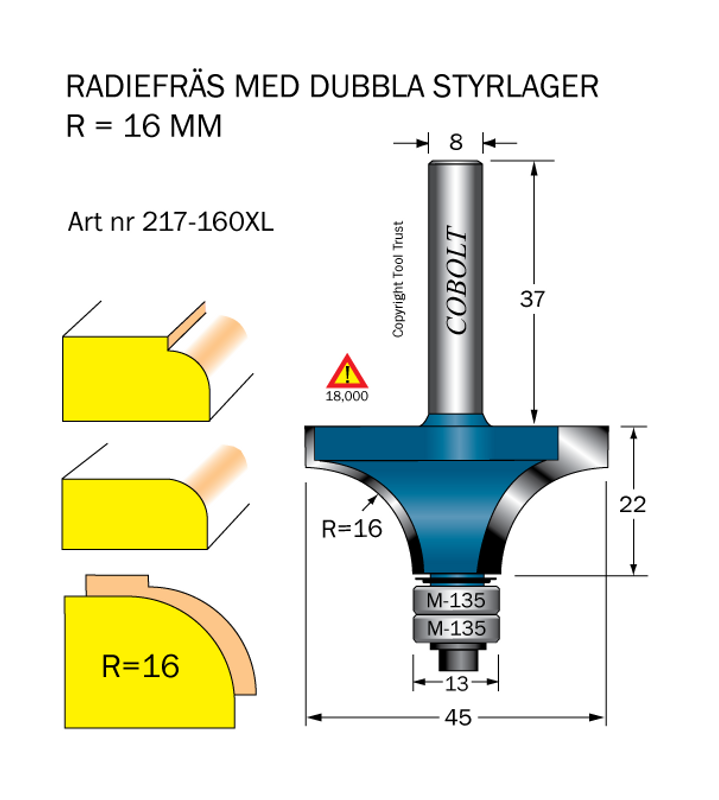Cobolt Avrundningsfräs R16 D45 L22 S8 dubbla lager