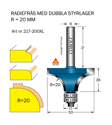 Cobolt Avrundningsfräs R20 D53 L26 S8 dubbla lager