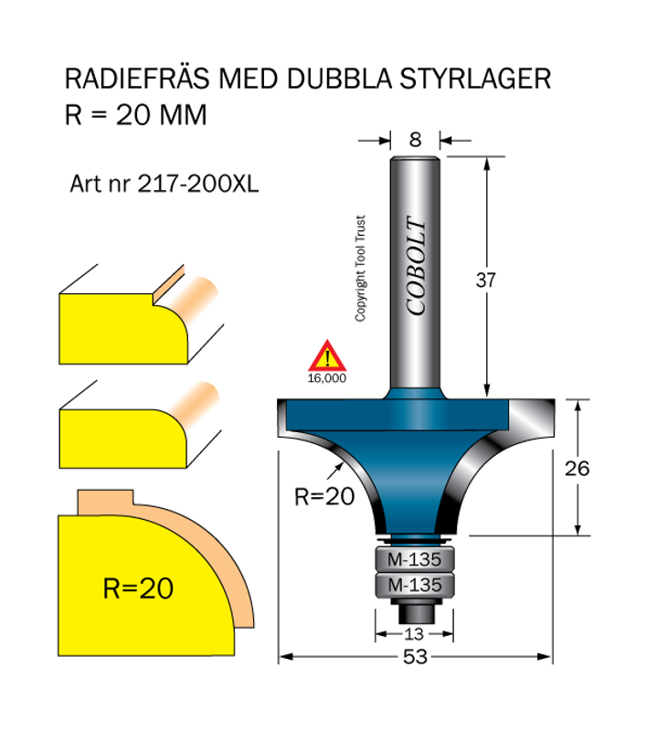 Cobolt Avrundningsfräs R20 D53 L26 S8 dubbla lager