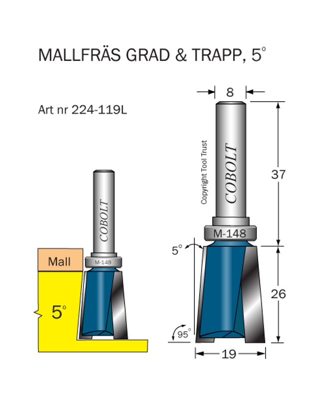 Cobolt Trappfräs 5° D19 L26 S8 med styrlager